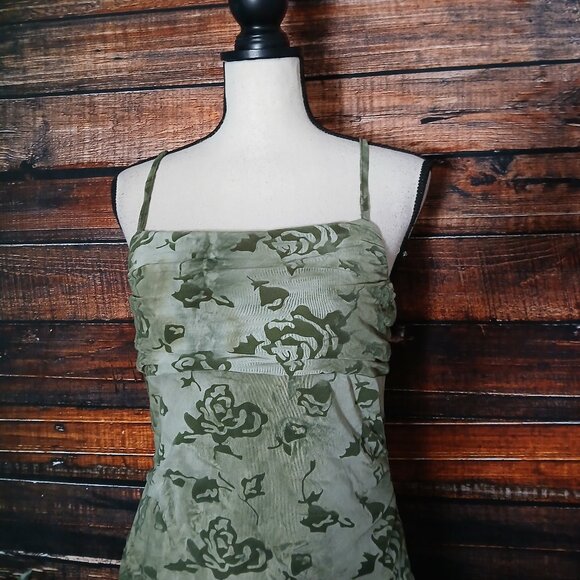 NWT Cider Midi Dress L Olive Green Floral Ruched Stretch - Picture 4 of 8